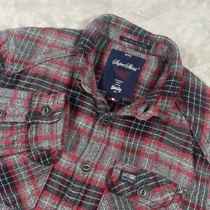 SUPERDRY Milled Flannel Super Shirt Mens M Cotton Gray Plaid Button Up
